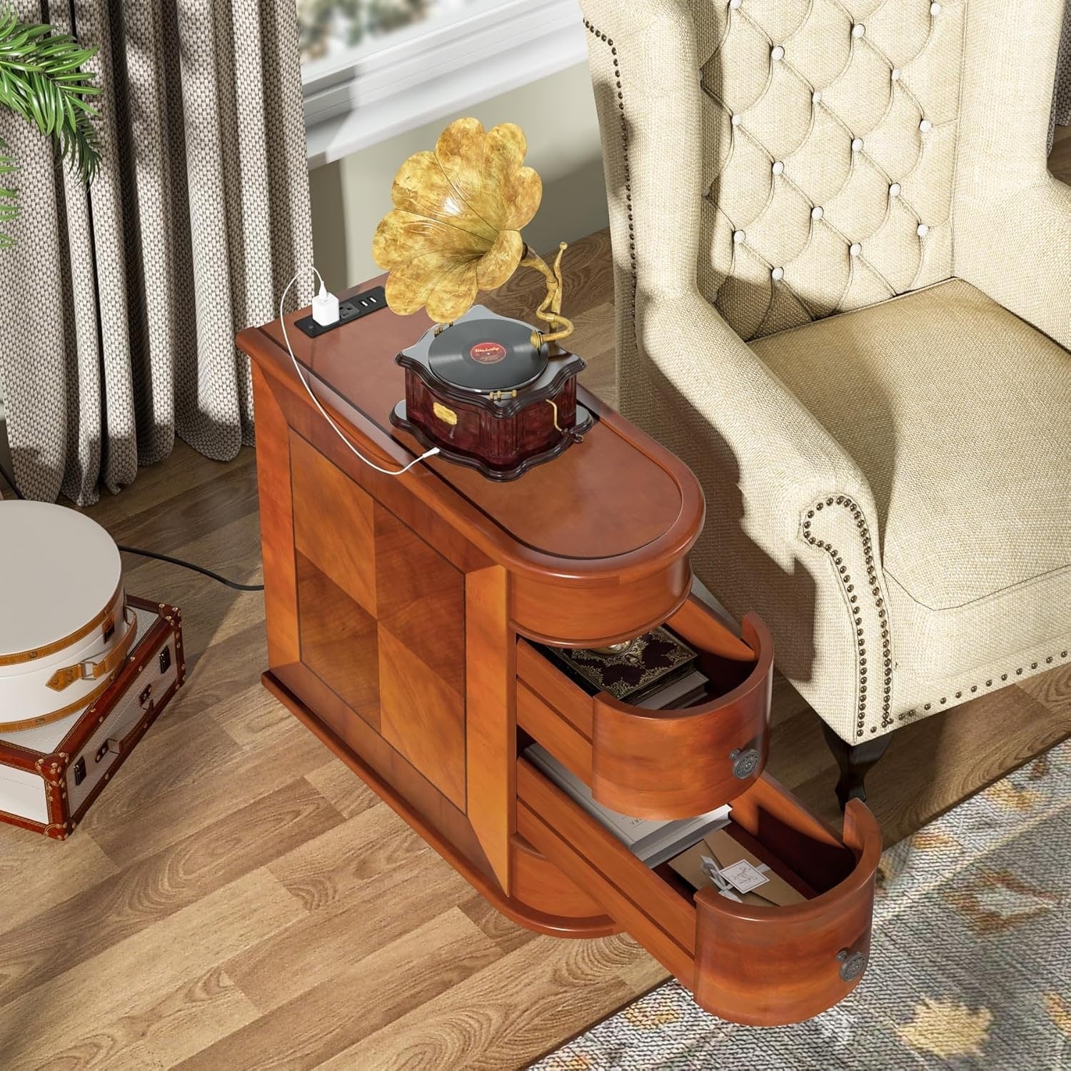 Table d'appoint en bois massif, table de chevet étroite à deux tiroirs, modèle Slim