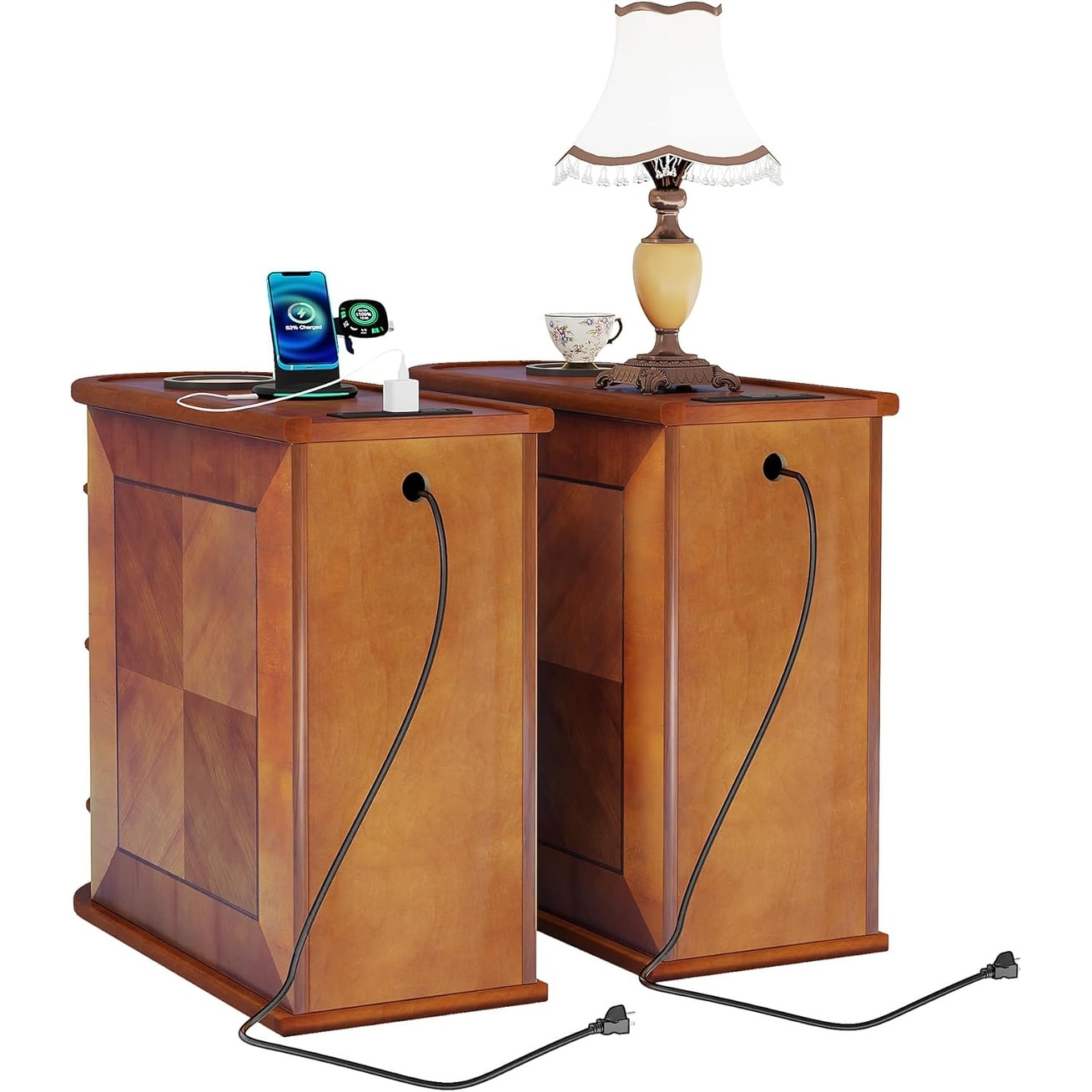 Table d'appoint en bois massif, table de chevet étroite à deux tiroirs, modèle Slim