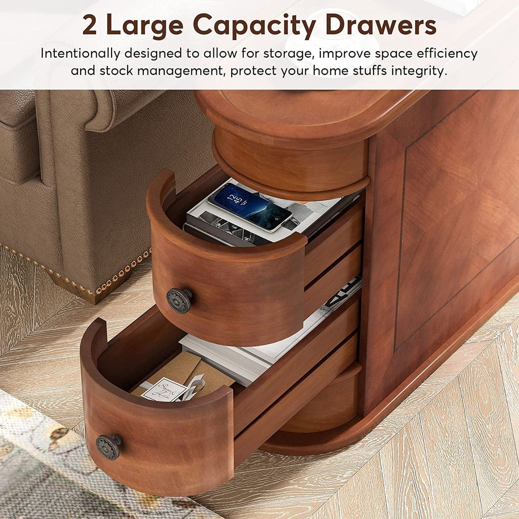 Table d'appoint en bois massif, table de chevet étroite à deux tiroirs, modèle Slim