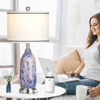 Lampe de table avec veilleuse 2 en 1, corps en verre indigo, ports de charge, prise secteur, abat-jour tambour, interrupteur tactile avec gradation (lot de 2)