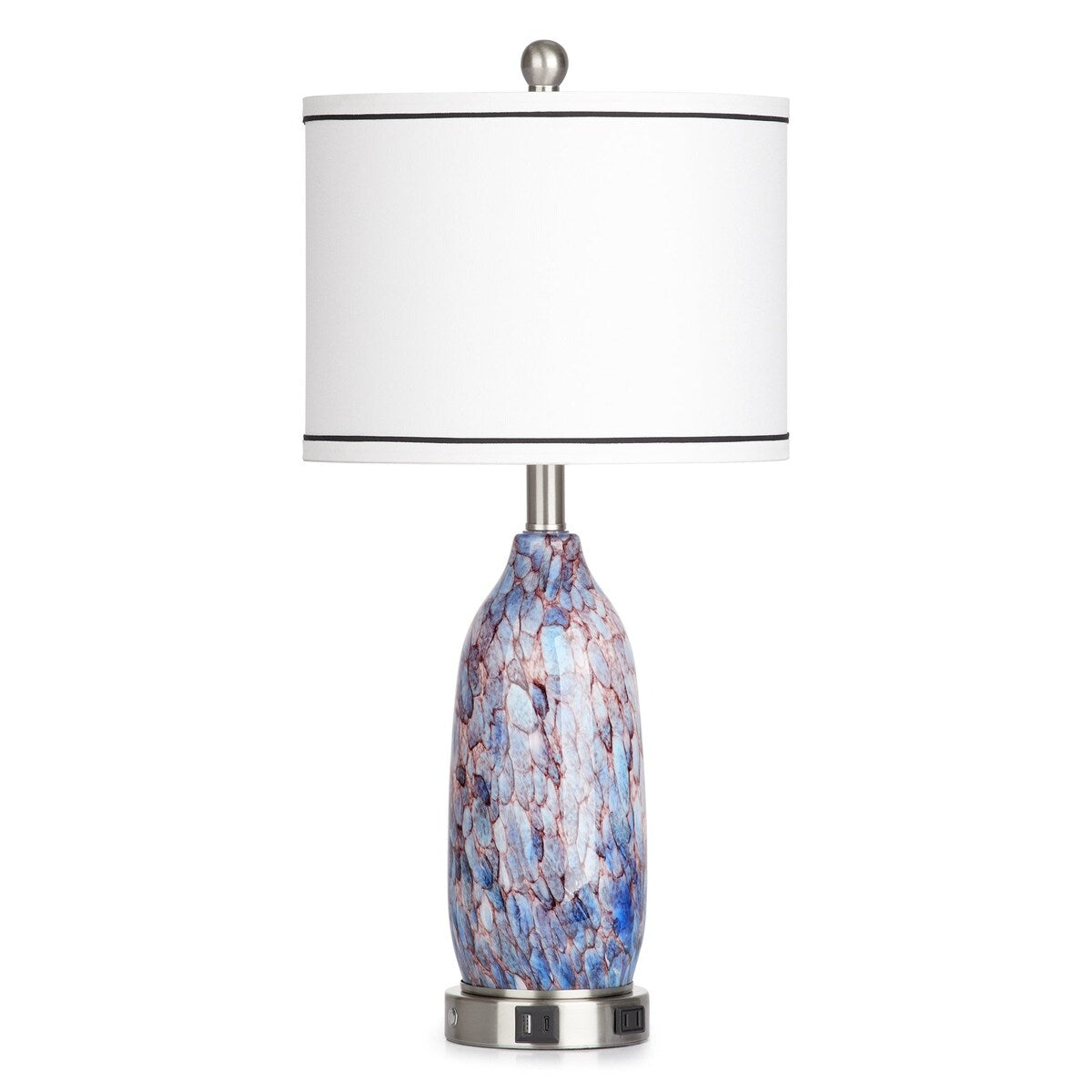 Lampe de table avec veilleuse 2 en 1, corps en verre indigo, ports de charge, prise secteur, abat-jour tambour, interrupteur tactile avec gradation (lot de 2)