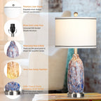 Lampe de table avec veilleuse 2 en 1, corps en verre indigo, ports de charge, prise secteur, abat-jour tambour, interrupteur tactile avec gradation (lot de 2)