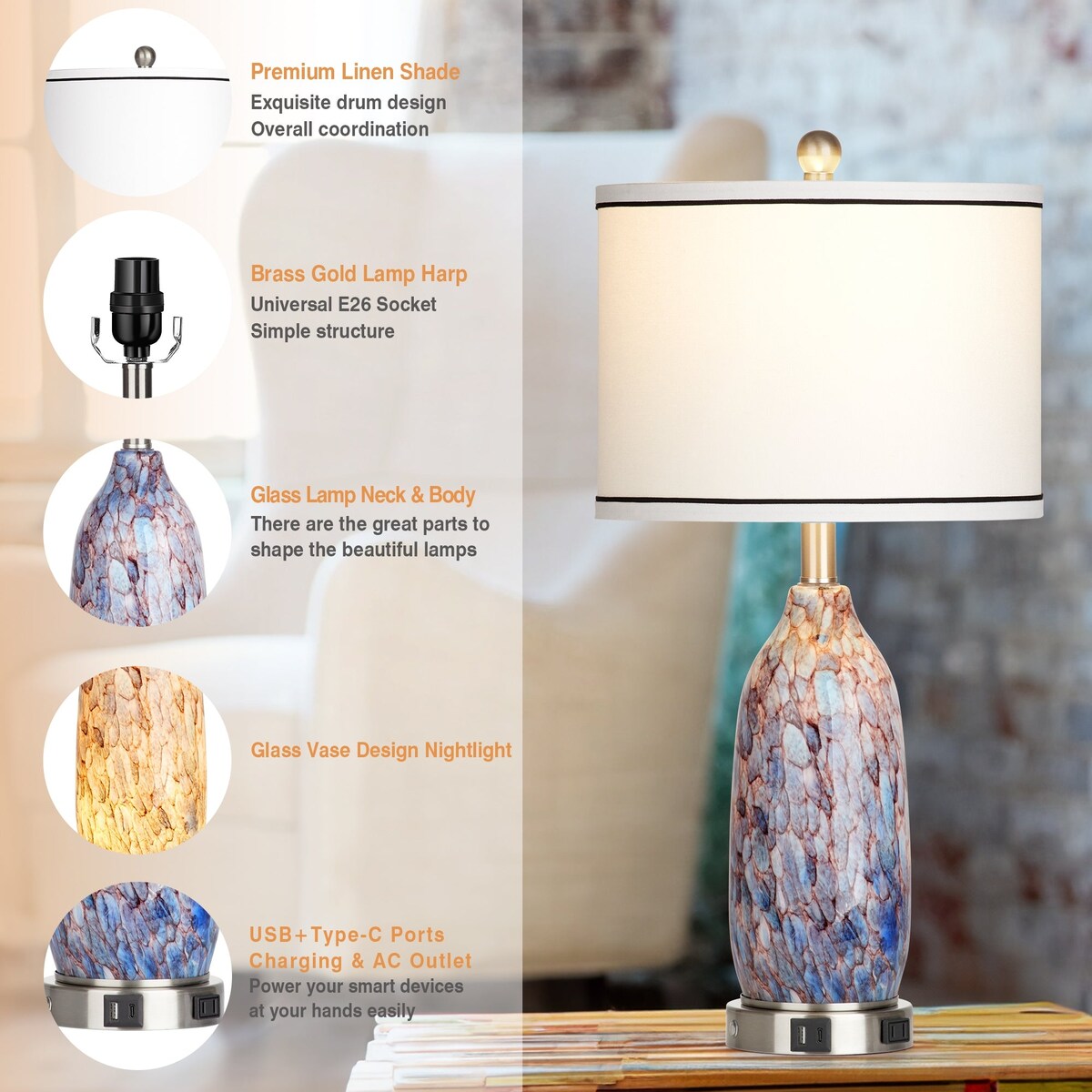 Lampe de table avec veilleuse 2 en 1, corps en verre indigo, ports de charge, prise secteur, abat-jour tambour, interrupteur tactile avec gradation (lot de 2)