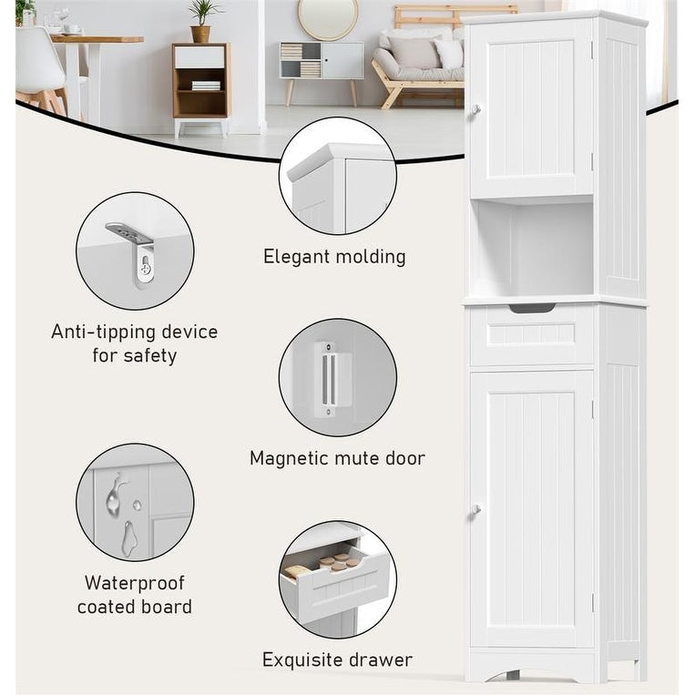 Armoire à linge de salle de bain étroite de 170 cm de hauteur, armoire de rangement autoportante en bois massif à 5 niveaux.