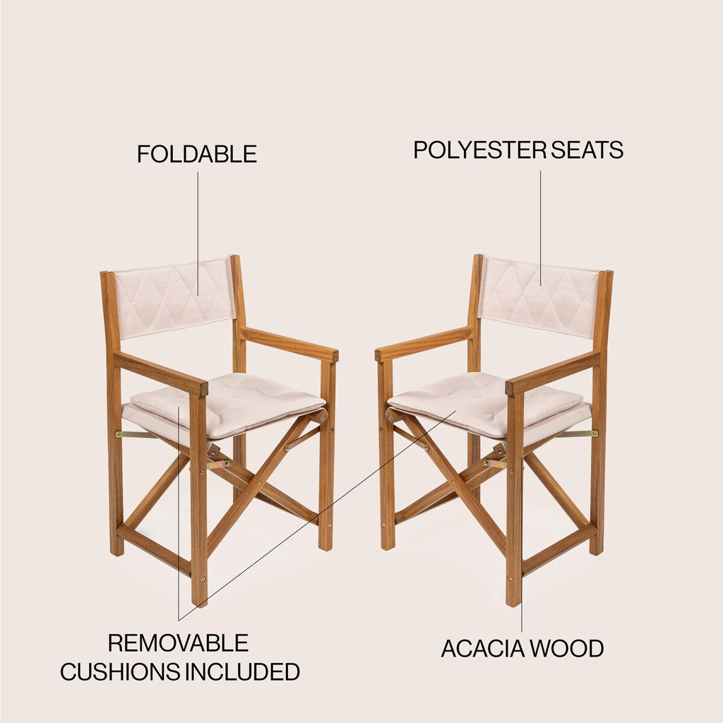 Chaise de réalisateur pliable d'extérieur Theo Classic en bois d'acacia, style milieu du siècle, avec dossier matelassé en losanges et coussin (lot de 2), par JONATHAN Y