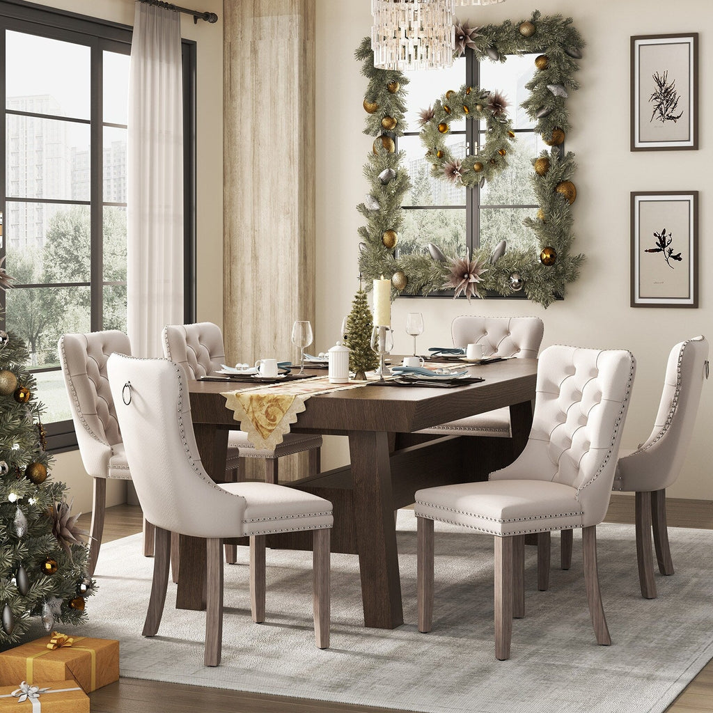 Lot de 6 chaises de salle à manger en velours capitonné avec pieds en bois massif.