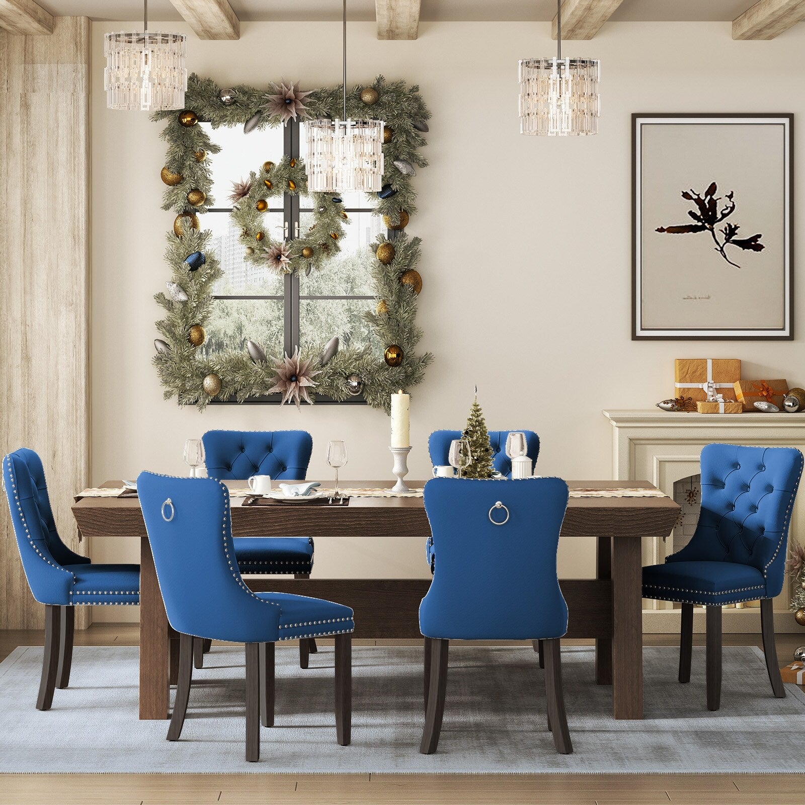 Lot de 6 chaises de salle à manger en velours capitonné avec pieds en bois massif.