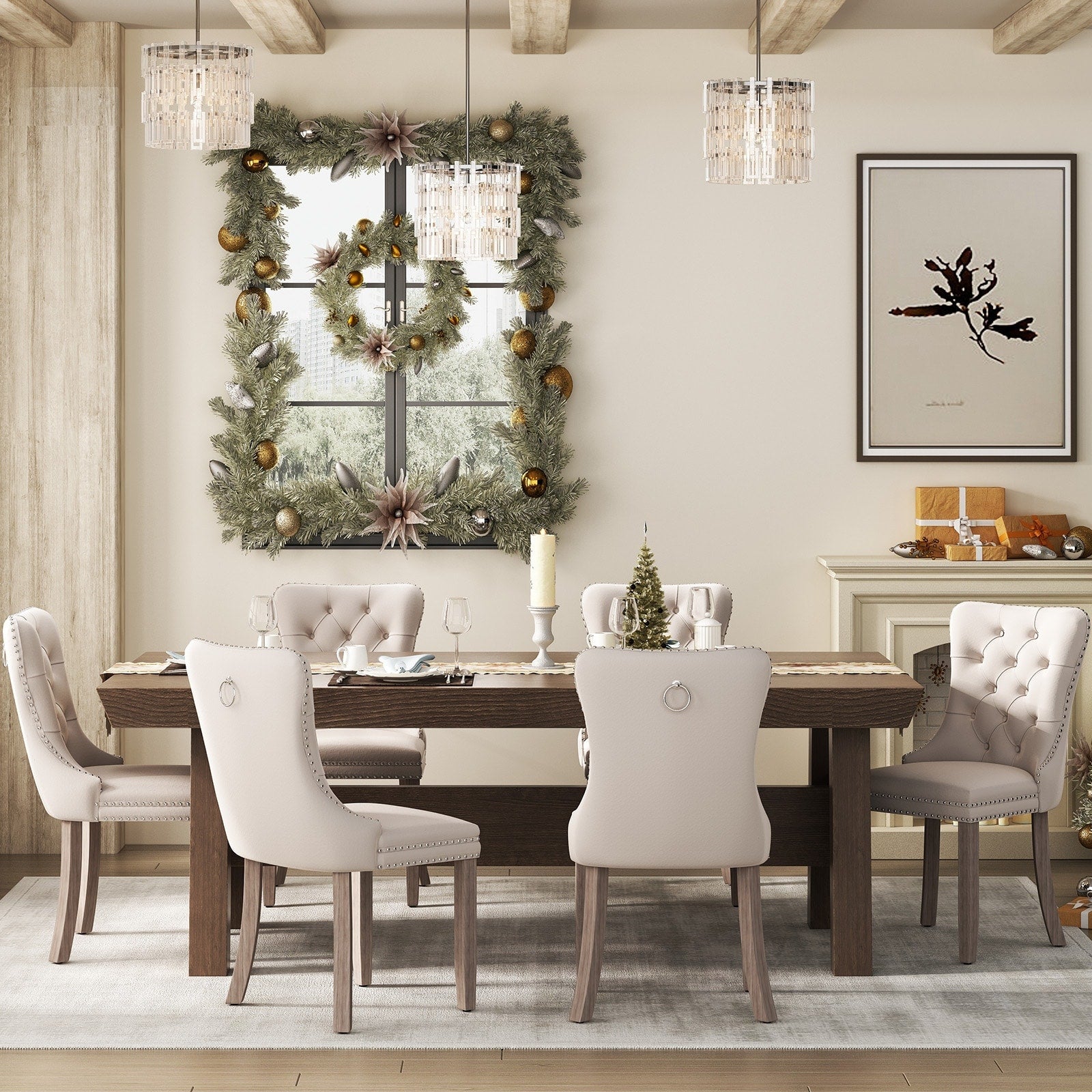 Lot de 6 chaises de salle à manger en velours capitonné avec pieds en bois massif.