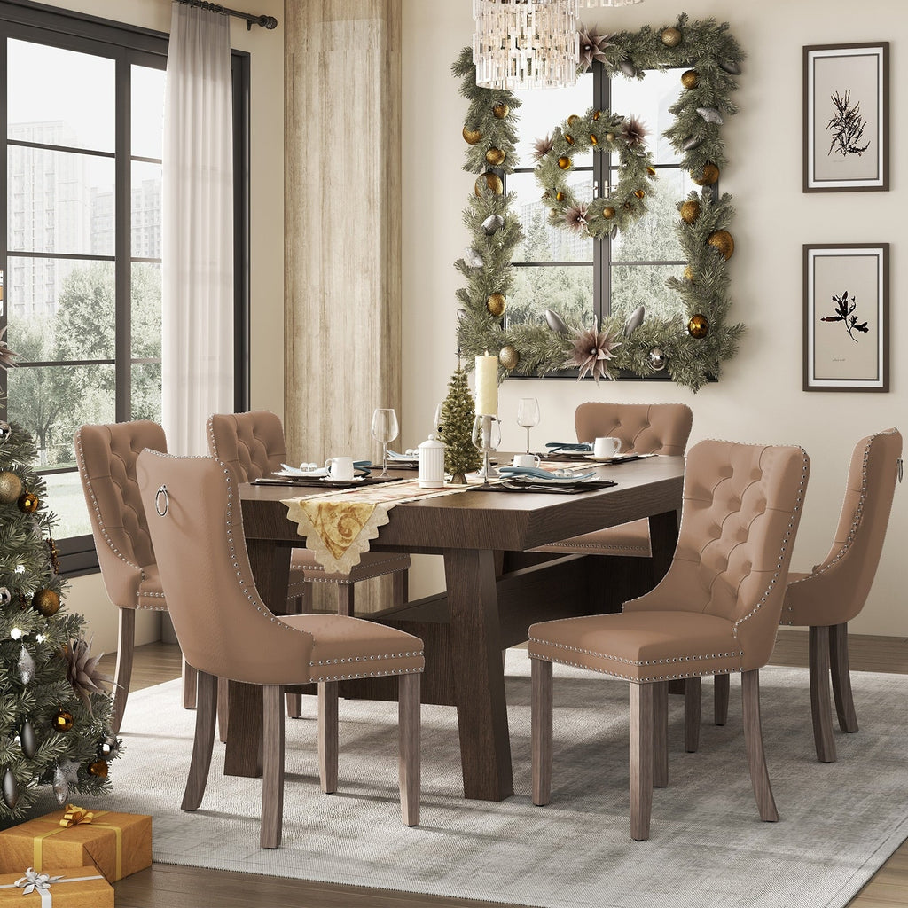 Lot de 6 chaises de salle à manger en velours capitonné avec pieds en bois massif.