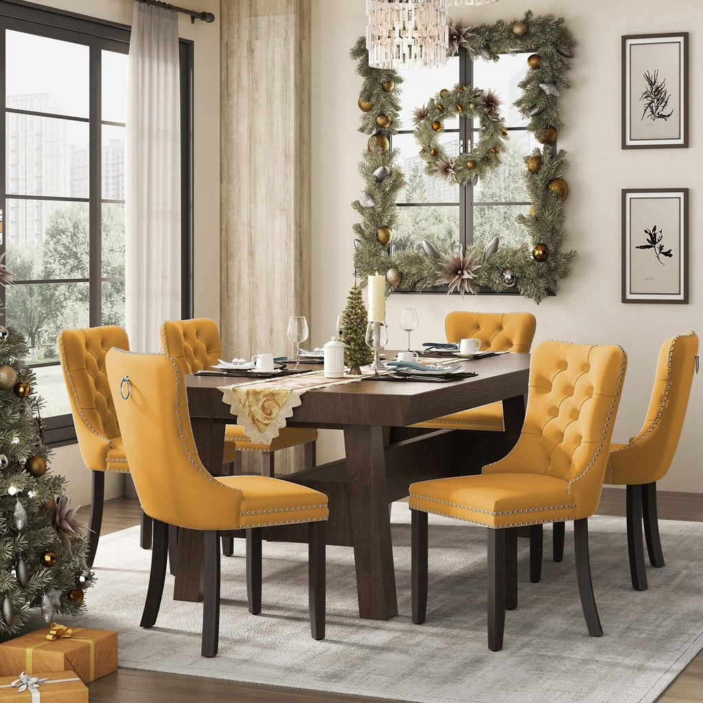 Lot de 6 chaises de salle à manger en velours capitonné avec pieds en bois massif.