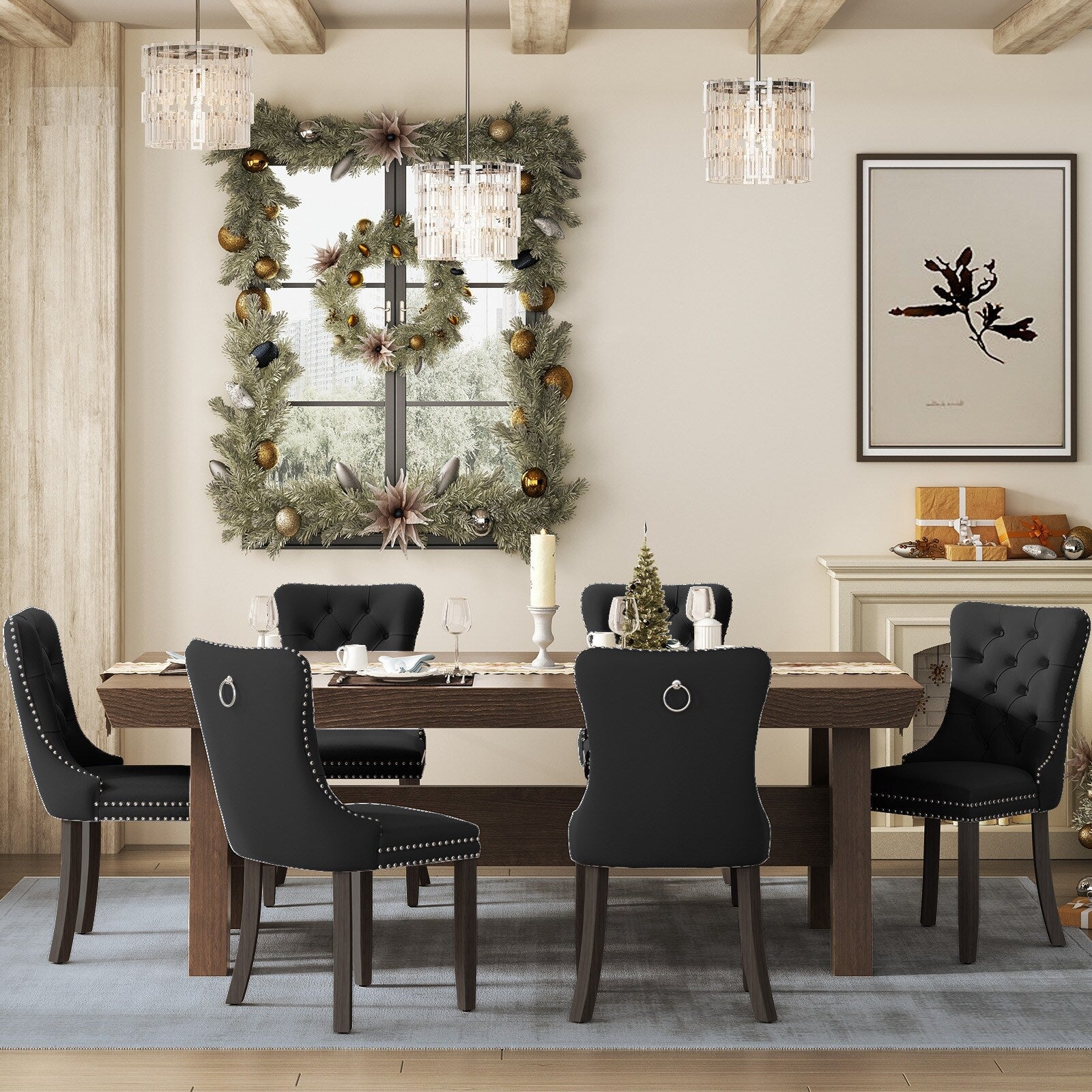 Lot de 6 chaises de salle à manger en velours capitonné avec pieds en bois massif.