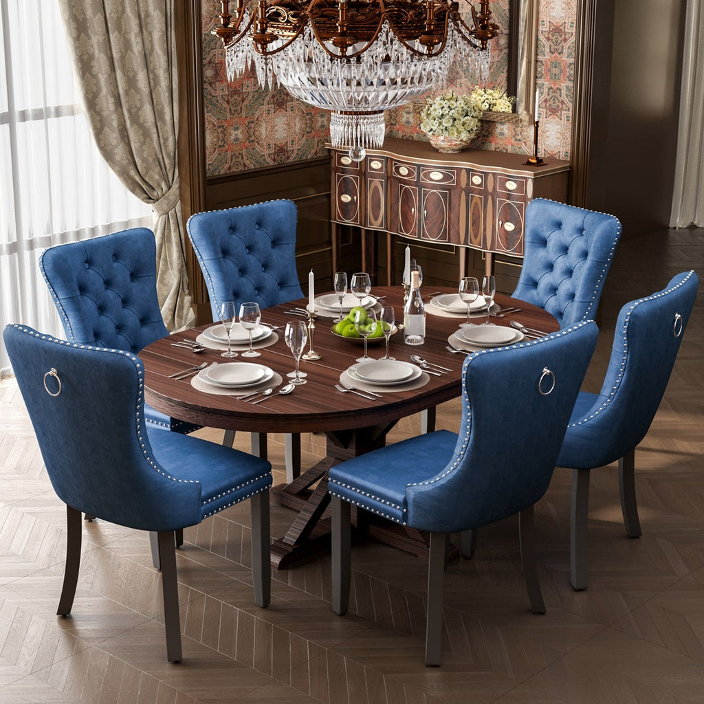 Lot de 6 chaises de salle à manger en velours capitonné avec pieds en bois massif.
