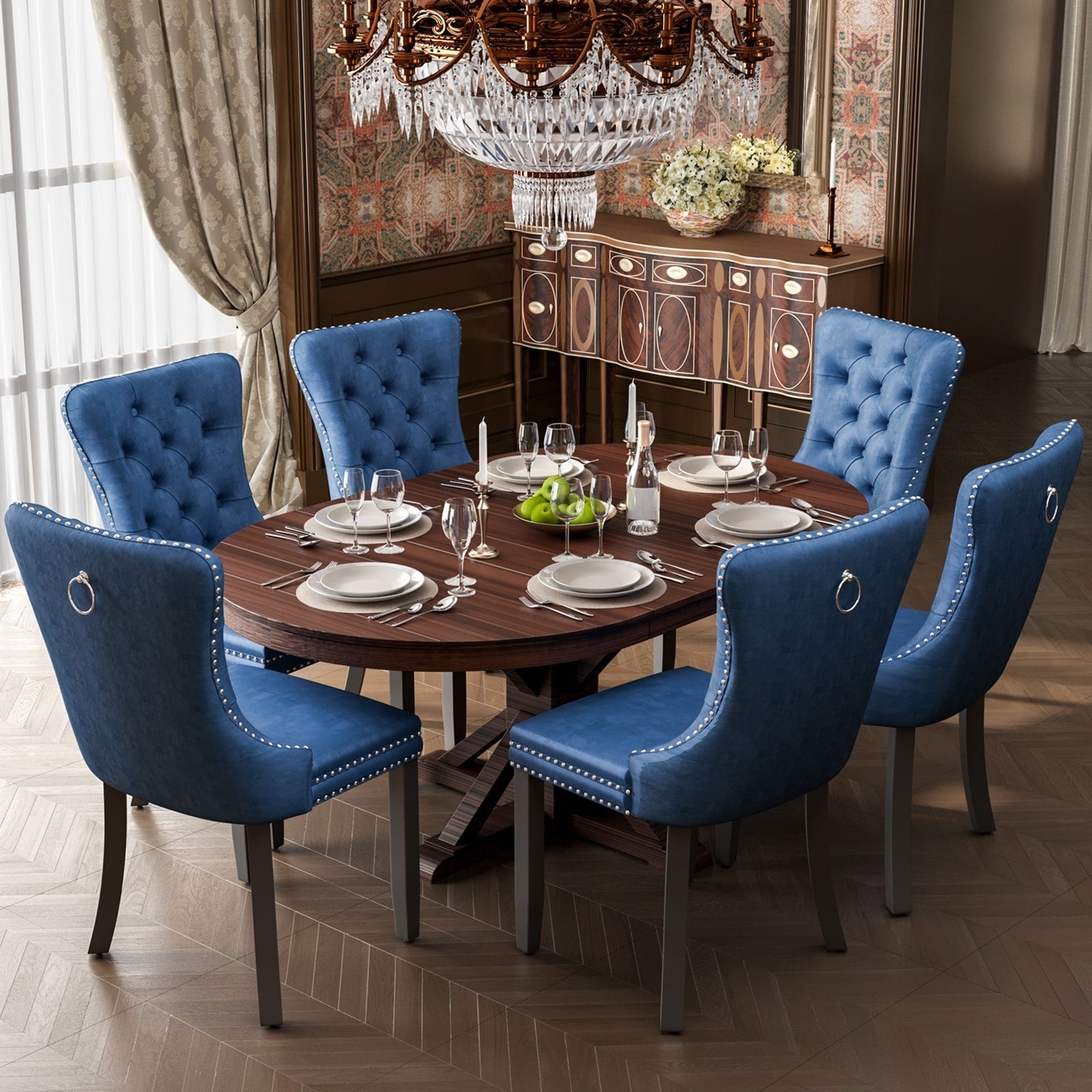 Lot de 6 chaises de salle à manger en velours capitonné avec pieds en bois massif.