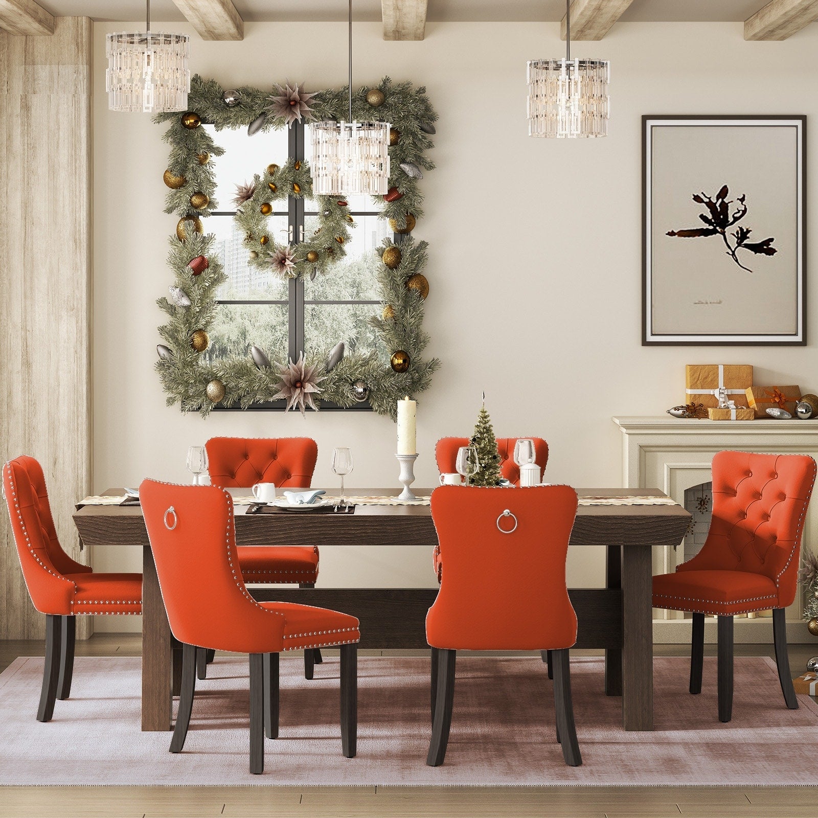 Lot de 6 chaises de salle à manger en velours capitonné avec pieds en bois massif.