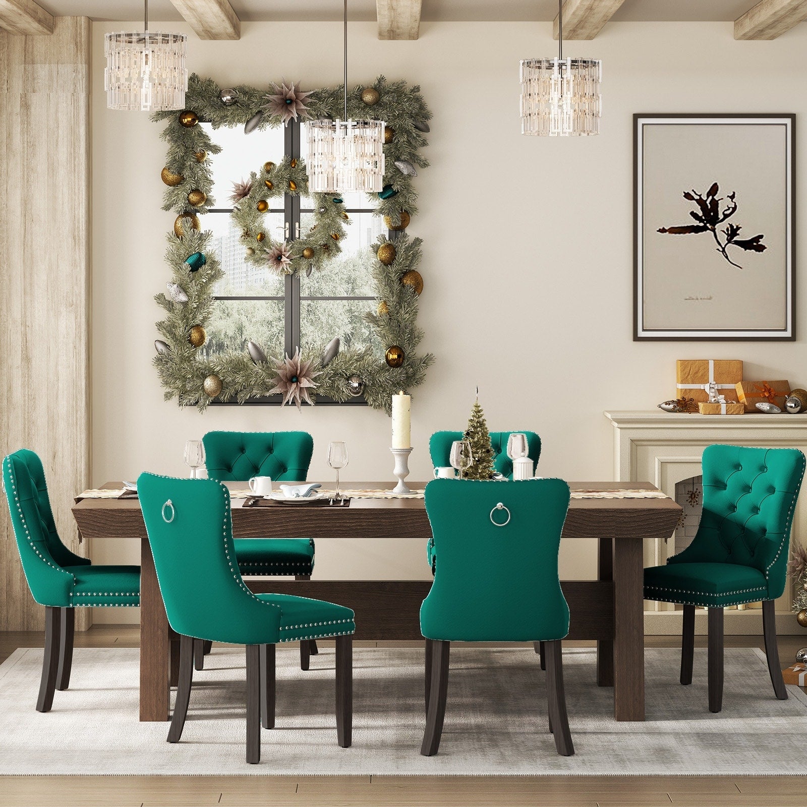 Lot de 6 chaises de salle à manger en velours capitonné avec pieds en bois massif.