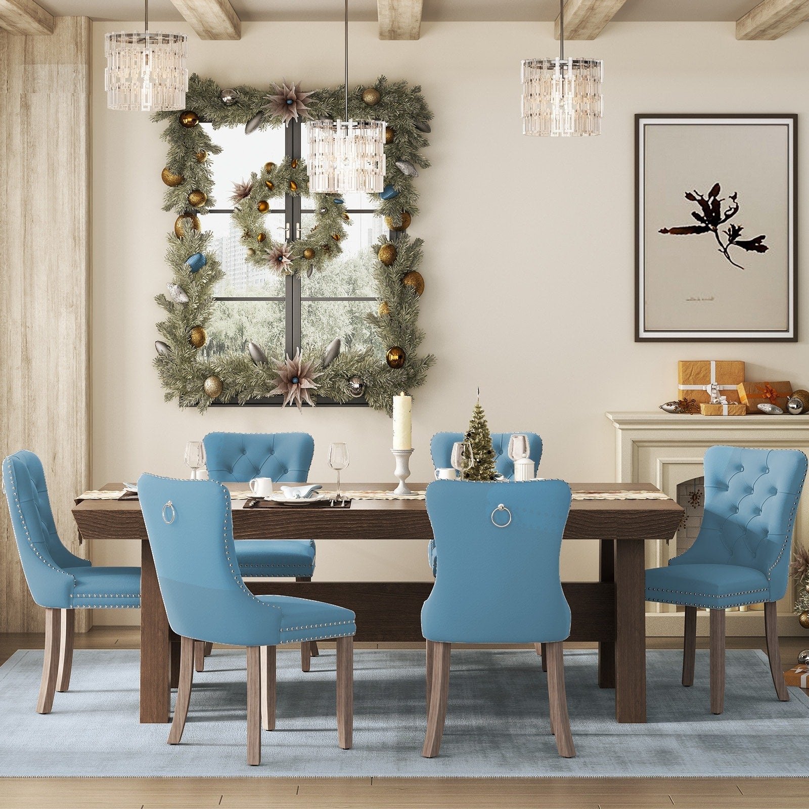 Lot de 6 chaises de salle à manger en velours capitonné avec pieds en bois massif.