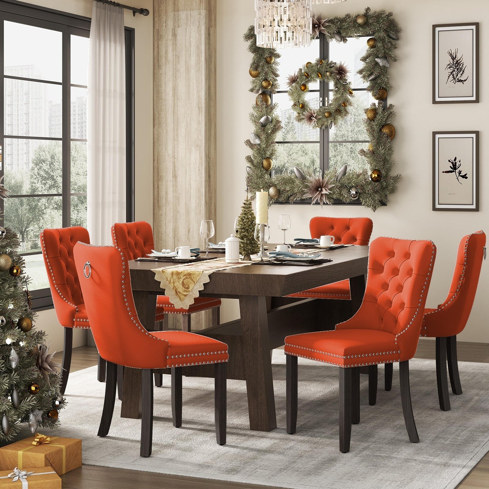 Lot de 6 chaises de salle à manger en velours capitonné avec pieds en bois massif.