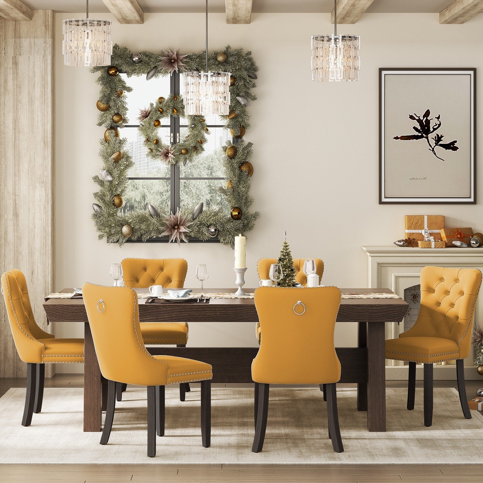 Lot de 6 chaises de salle à manger en velours capitonné avec pieds en bois massif.