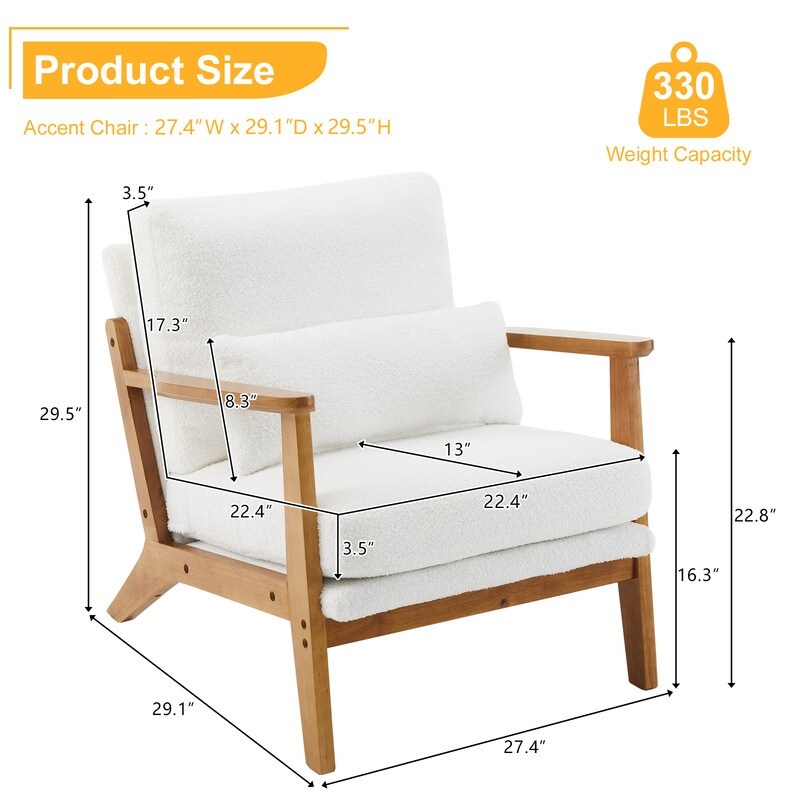 Fauteuil d'appoint en tissu mélangé de lin avec pieds en bois et un coussin beige.