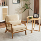 Fauteuil d'appoint en tissu mélangé de lin avec pieds en bois et un coussin beige.