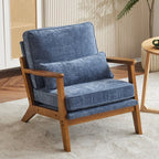 Fauteuil d'appoint en tissu mélangé de lin avec pieds en bois et un coussin beige.