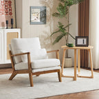 Fauteuil d'appoint en tissu mélangé de lin avec pieds en bois et un coussin beige.