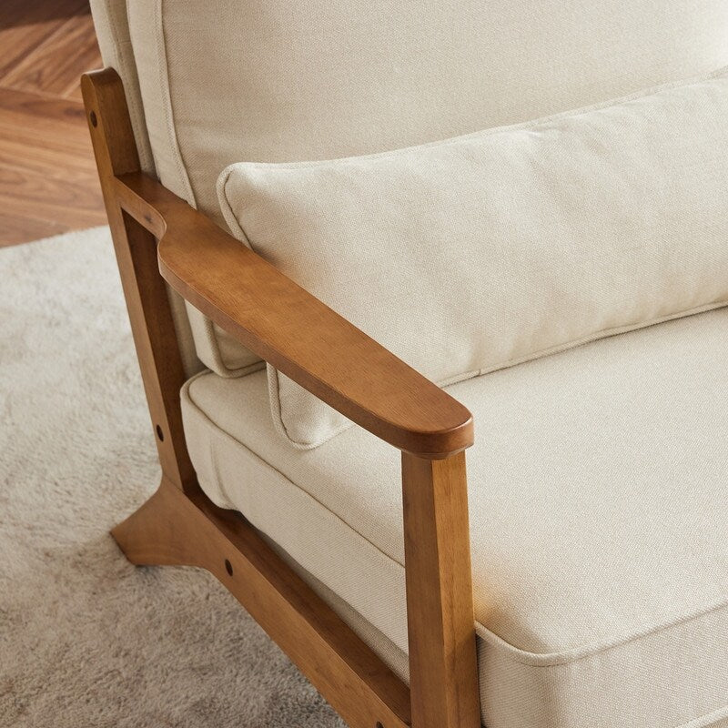 Fauteuil d'appoint en tissu mélangé de lin avec pieds en bois et un coussin beige.