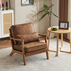 Fauteuil d'appoint en tissu mélangé de lin avec pieds en bois et un coussin beige.