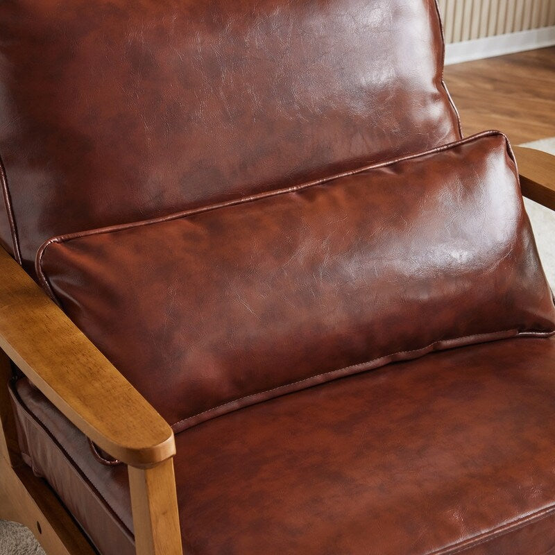 Fauteuil d'appoint en tissu mélangé de lin avec pieds en bois et un coussin beige.