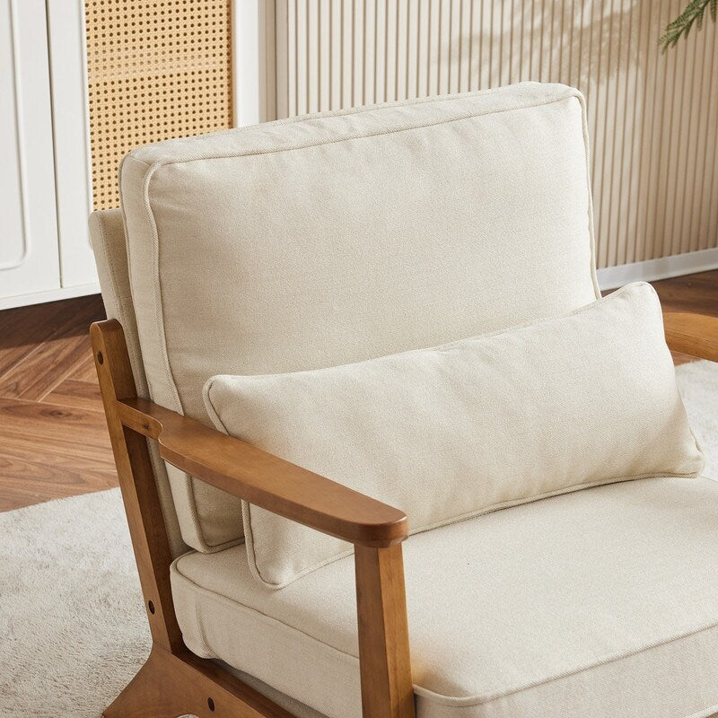 Fauteuil d'appoint en tissu mélangé de lin avec pieds en bois et un coussin beige.