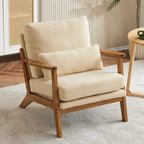 Fauteuil d'appoint en tissu mélangé de lin avec pieds en bois et un coussin beige.