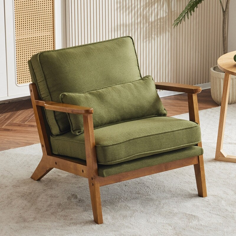 Fauteuil d'appoint en tissu mélangé de lin avec pieds en bois et un coussin beige.