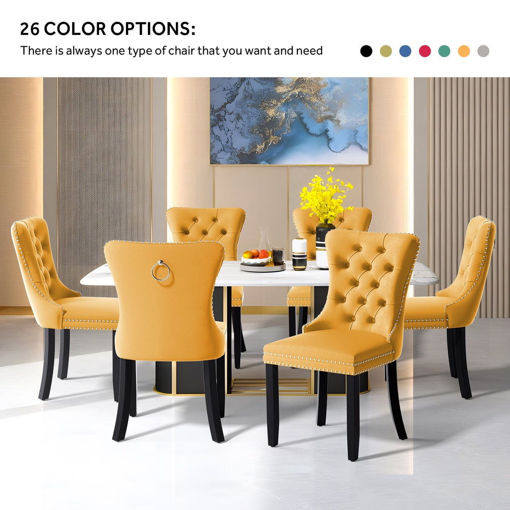 Lot de 6 chaises de salle à manger en velours capitonné avec pieds en bois massif.