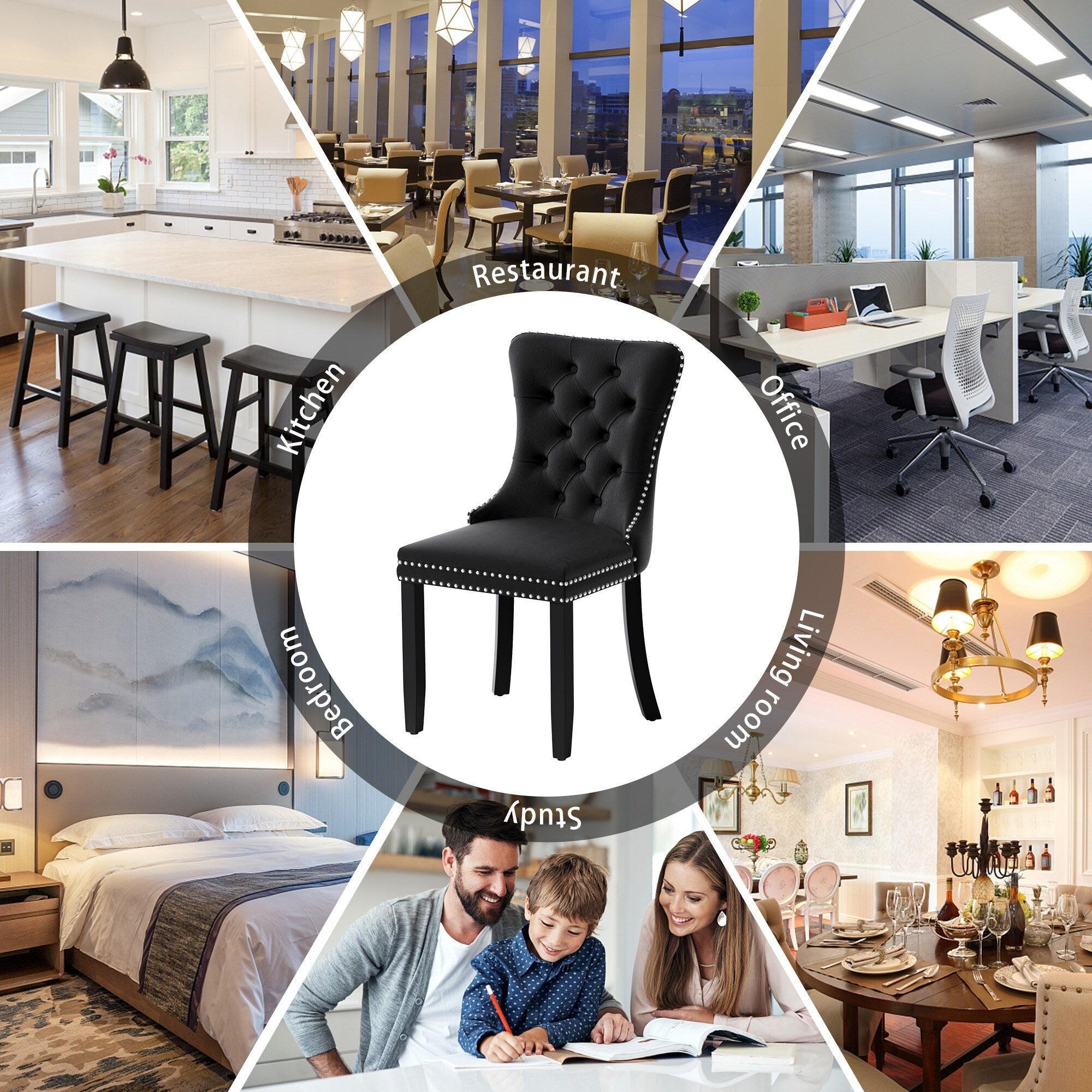 Lot de 6 chaises de salle à manger en velours capitonné avec pieds en bois massif.