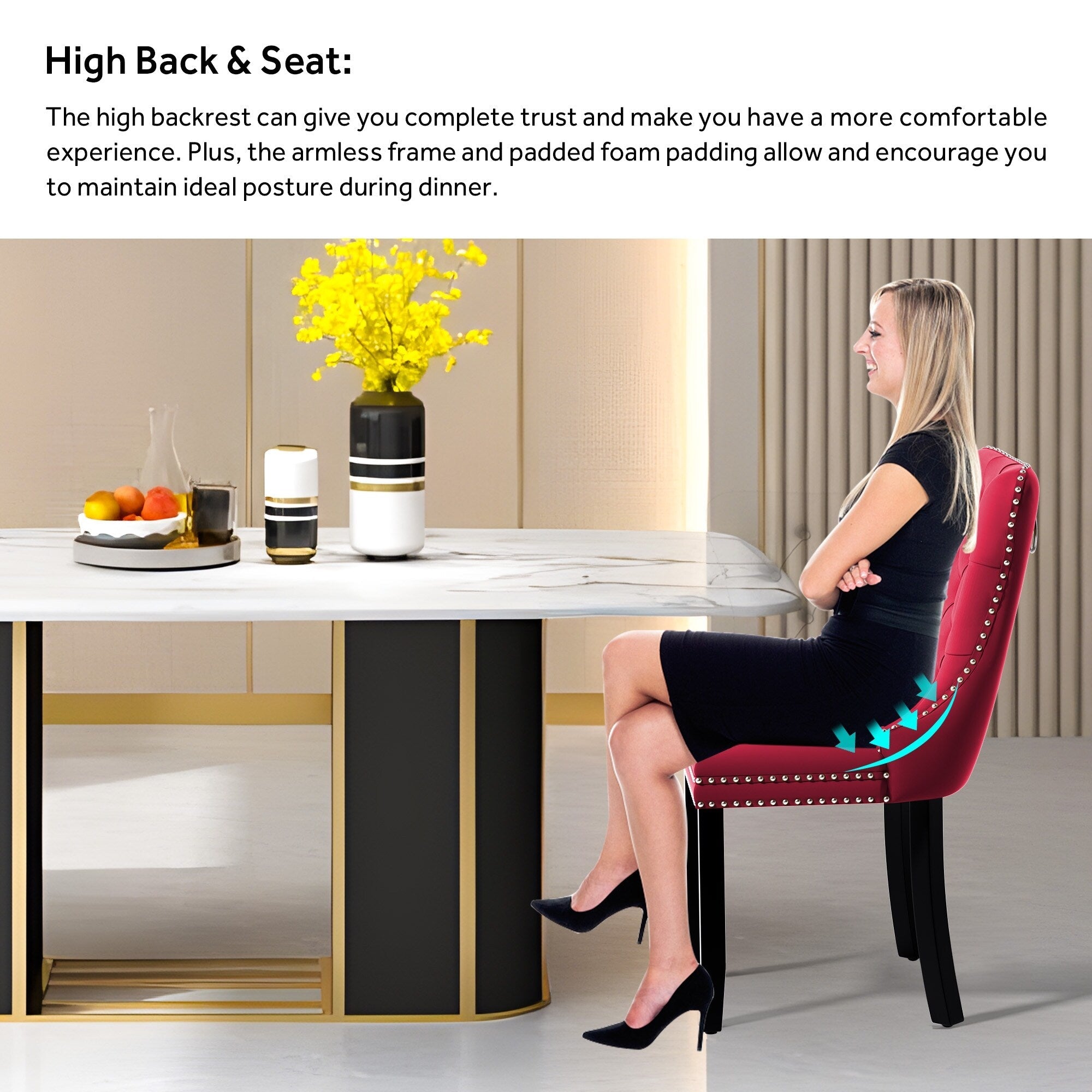 Lot de 6 chaises de salle à manger en velours capitonné avec pieds en bois massif.