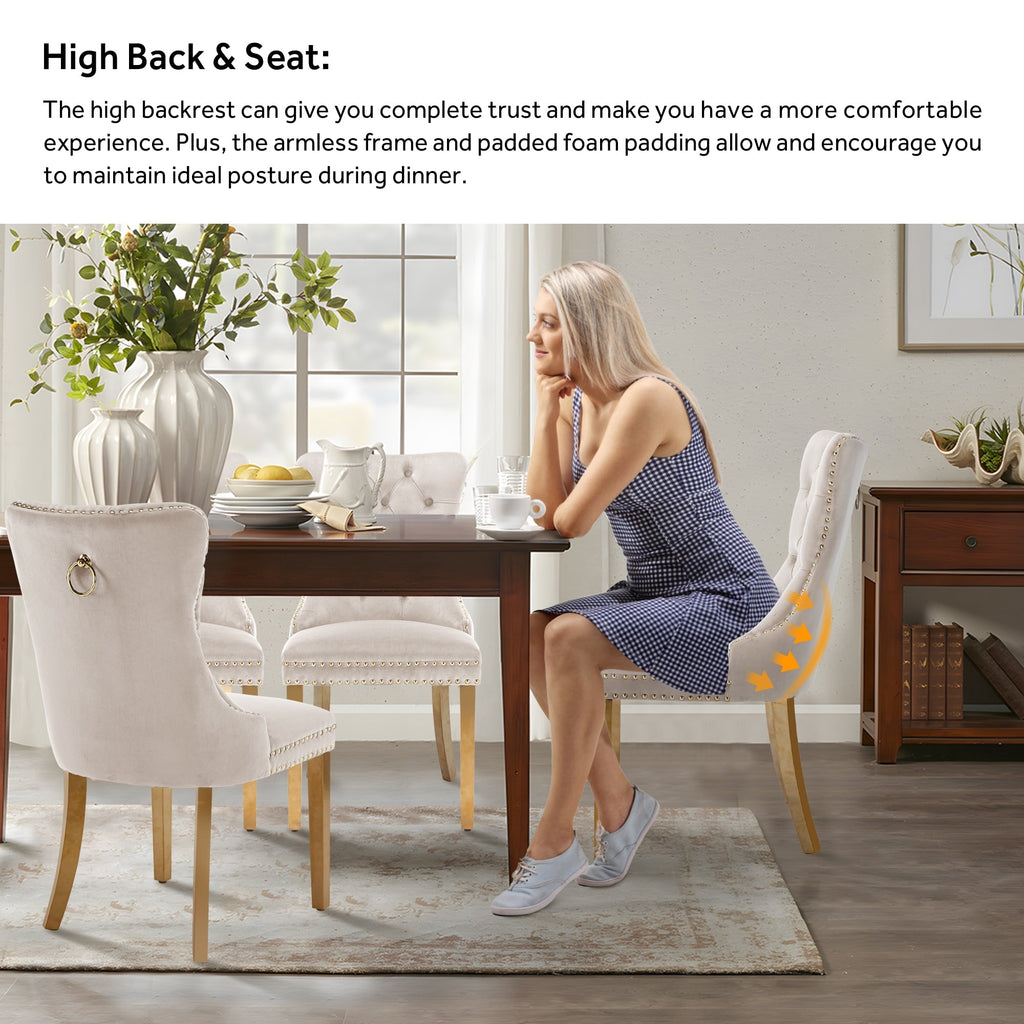 Lot de 6 chaises de salle à manger en velours capitonné avec pieds en bois massif.