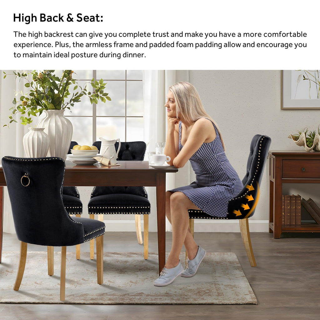 Lot de 6 chaises de salle à manger en velours capitonné avec pieds en bois massif.