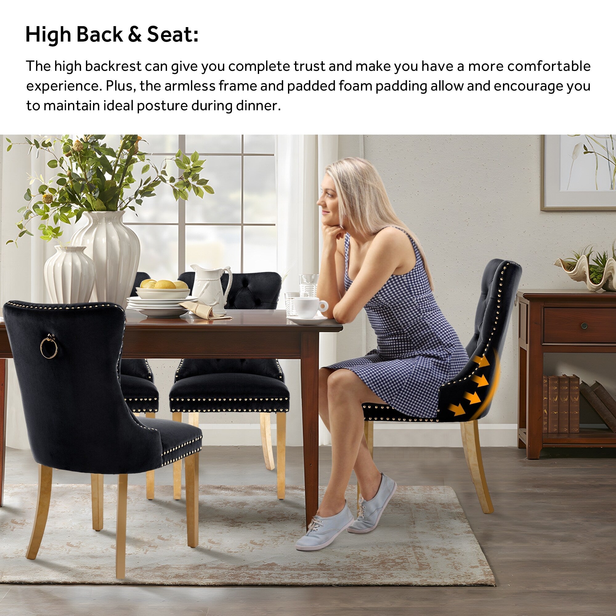 Lot de 6 chaises de salle à manger en velours capitonné avec pieds en bois massif.