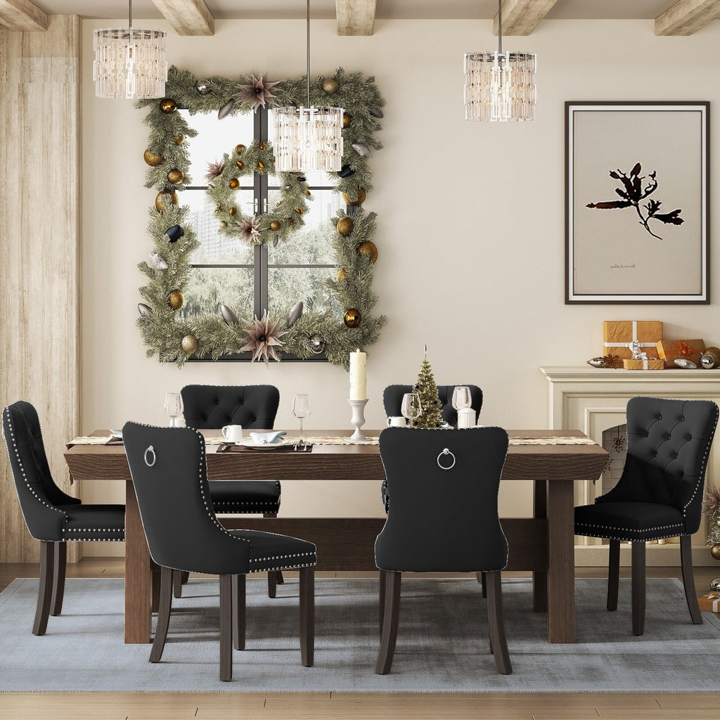 Lot de 6 chaises de salle à manger en velours capitonné avec pieds en bois massif.