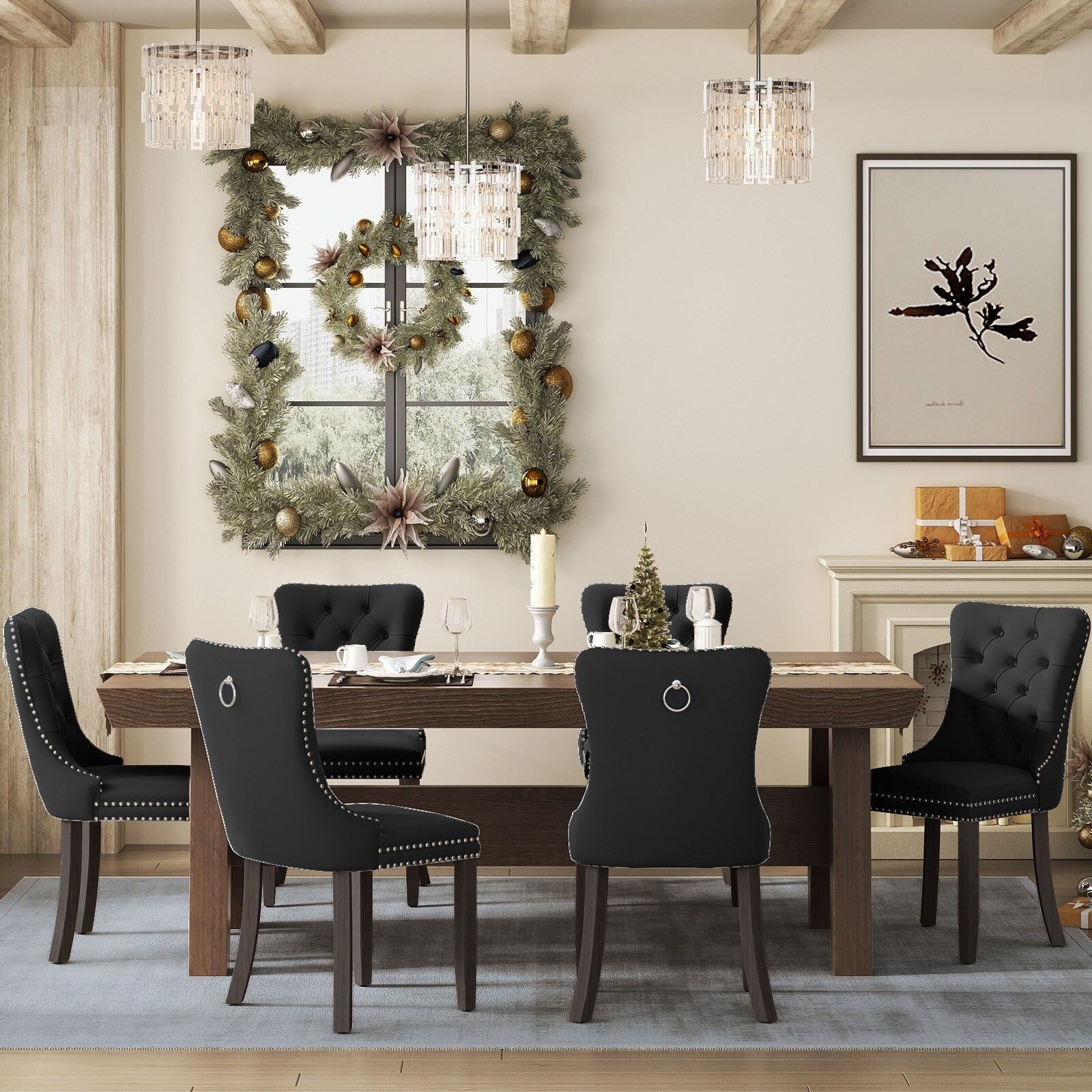 Lot de 6 chaises de salle à manger en velours capitonné avec pieds en bois massif.