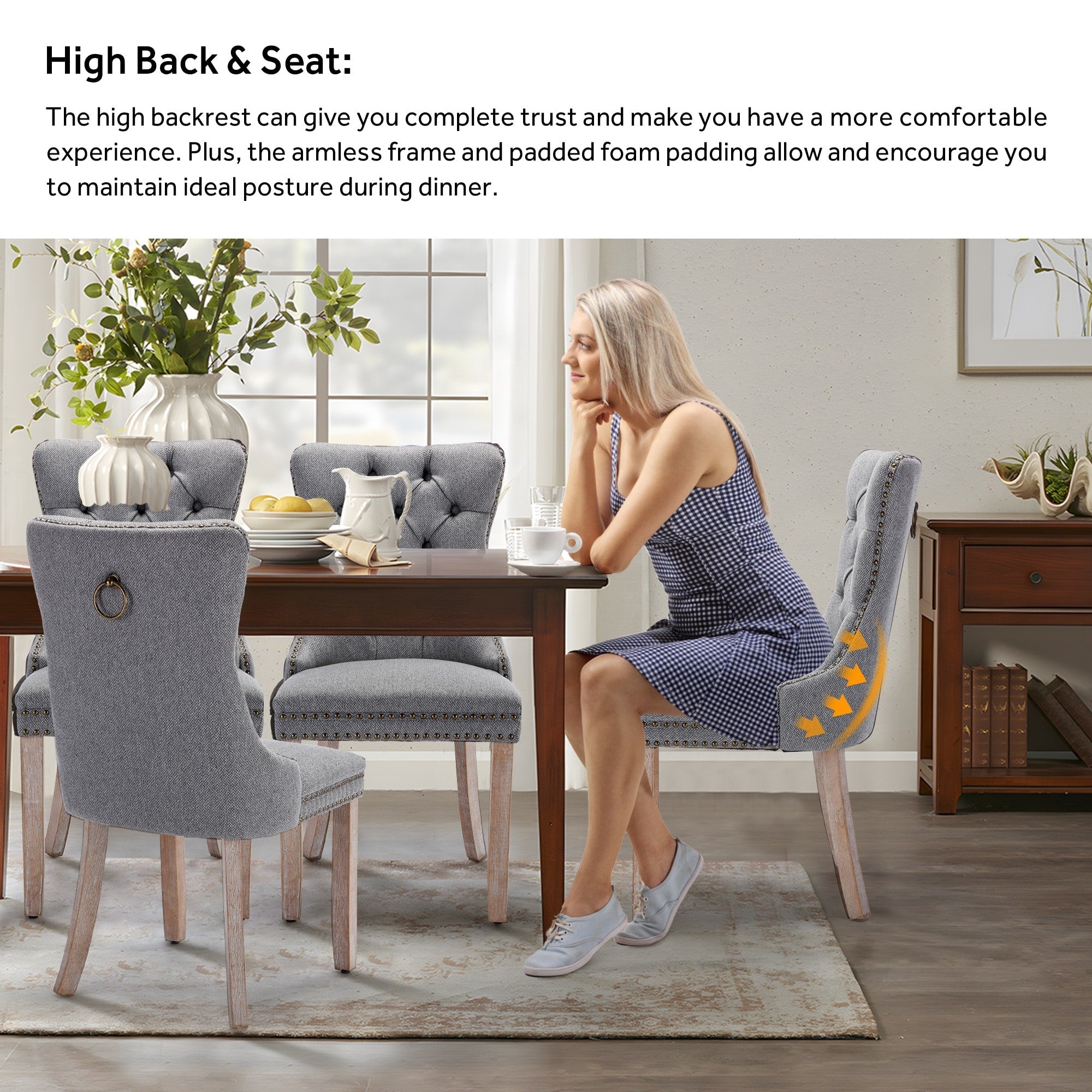 Lot de 6 chaises de salle à manger en velours capitonné avec pieds en bois massif.