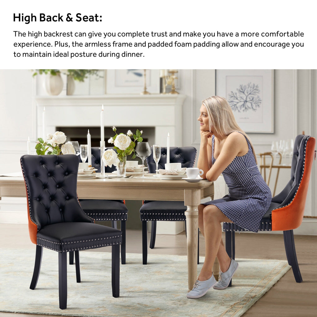 Lot de 6 chaises de salle à manger en velours capitonné avec pieds en bois massif.