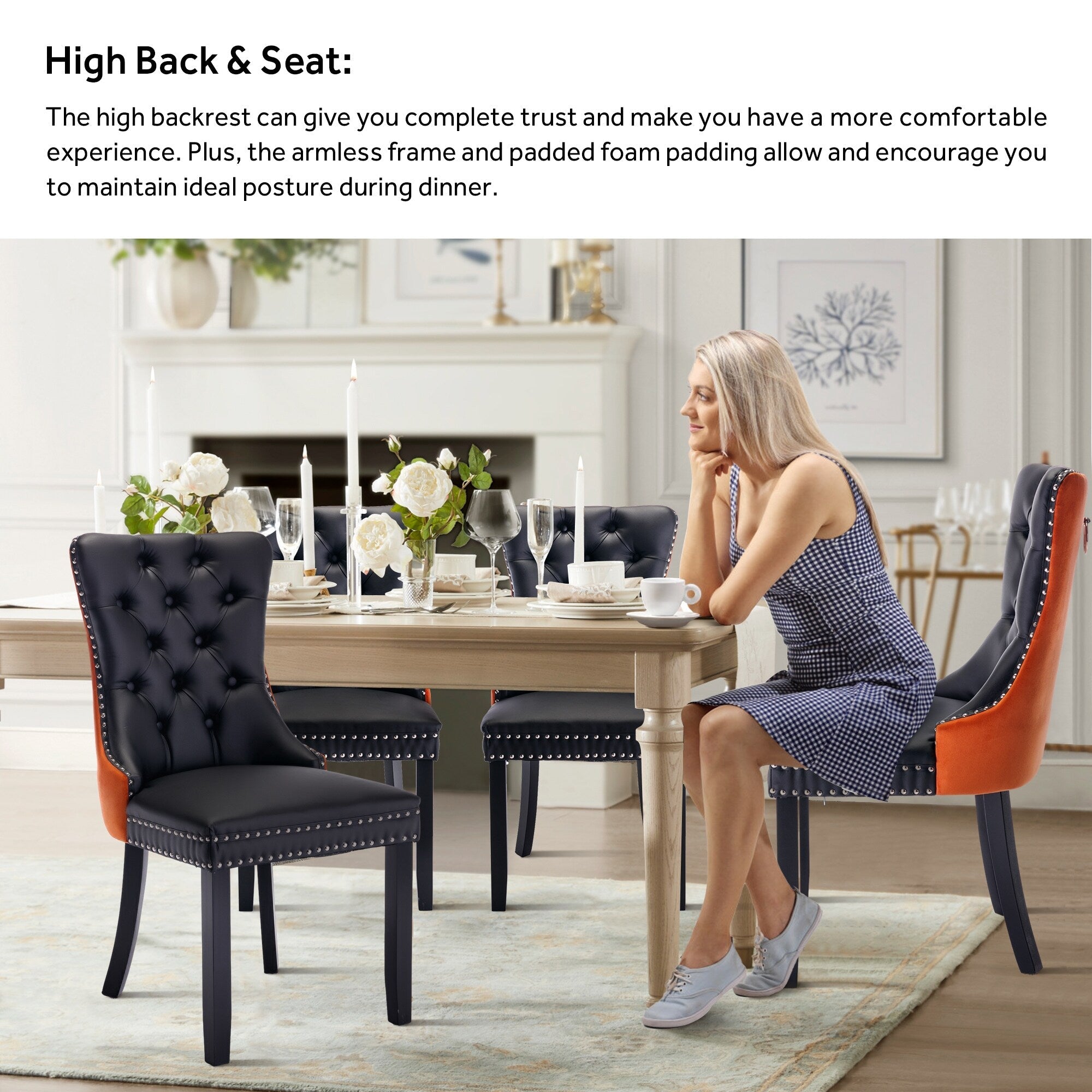 Lot de 6 chaises de salle à manger en velours capitonné avec pieds en bois massif.