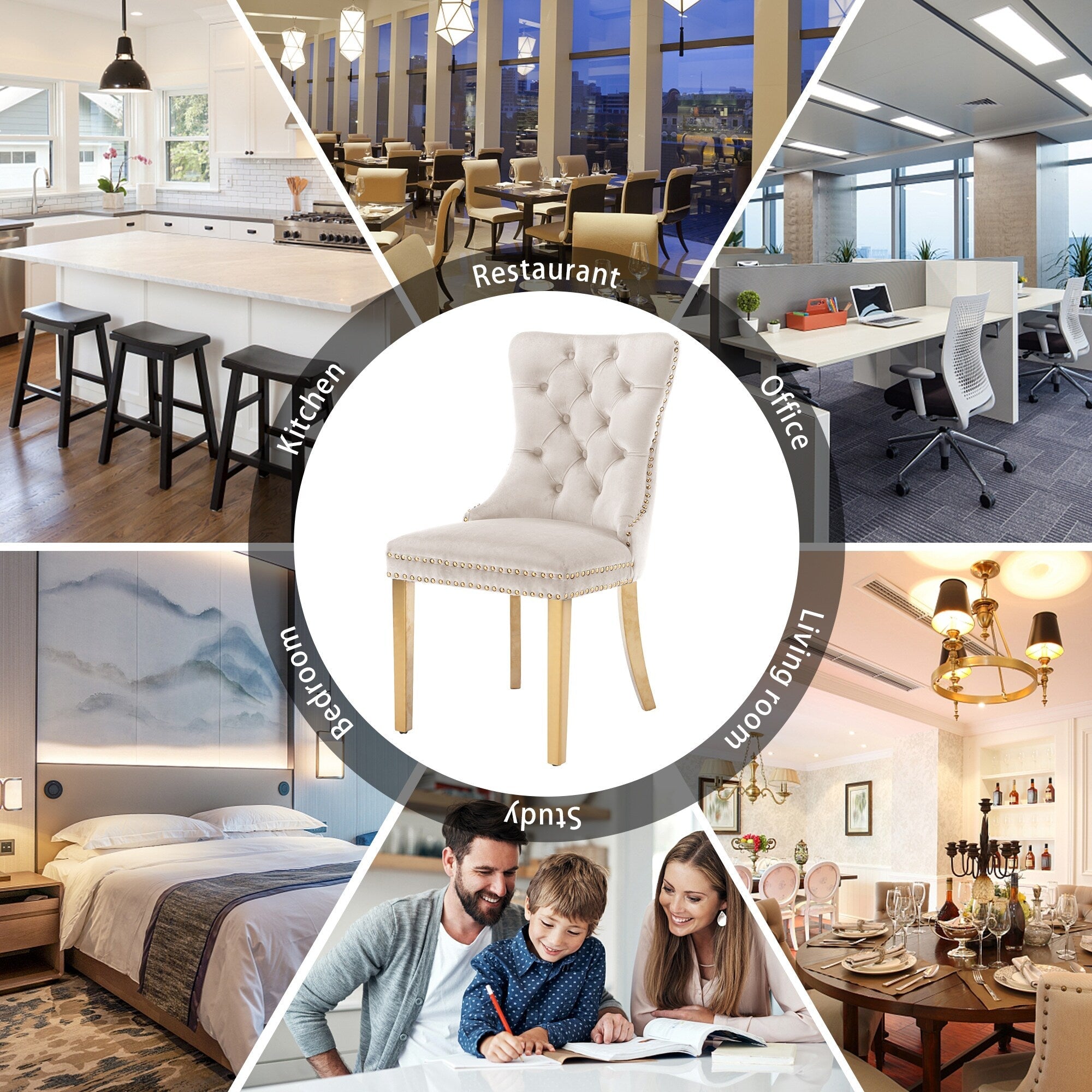 Lot de 6 chaises de salle à manger en velours capitonné avec pieds en bois massif.