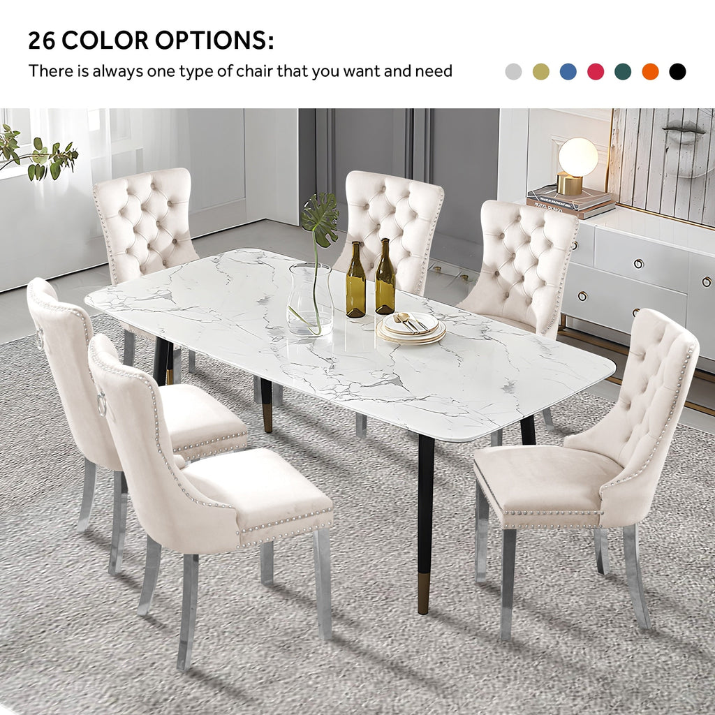 Lot de 6 chaises de salle à manger en velours capitonné avec pieds en bois massif.