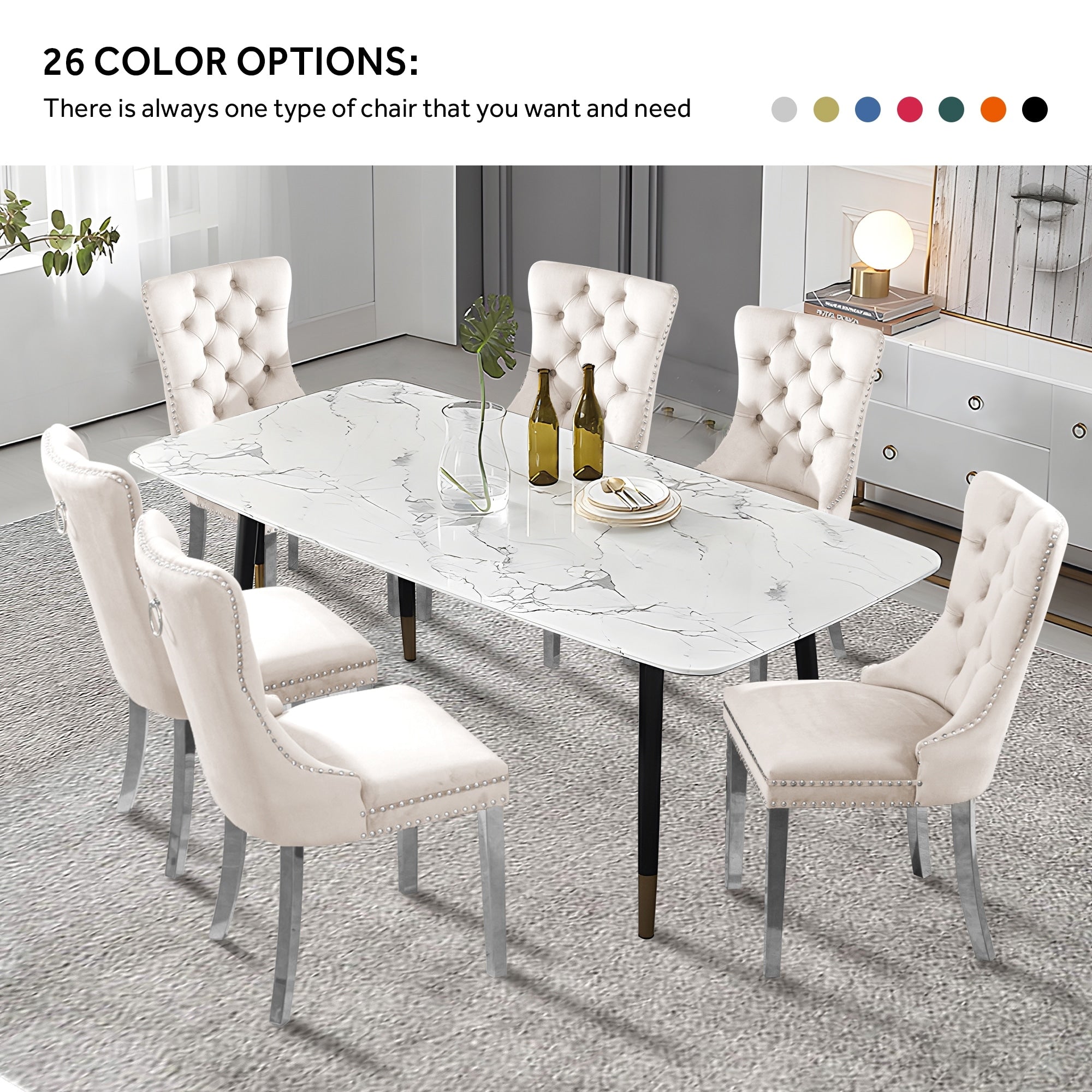 Lot de 6 chaises de salle à manger en velours capitonné avec pieds en bois massif.