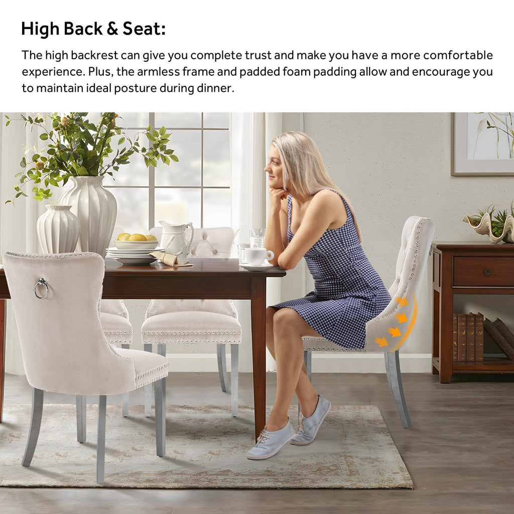 Lot de 6 chaises de salle à manger en velours capitonné avec pieds en bois massif.