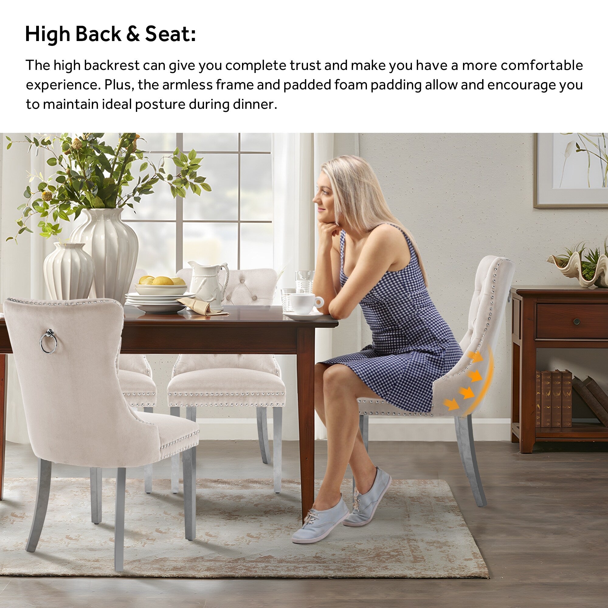 Lot de 6 chaises de salle à manger en velours capitonné avec pieds en bois massif.