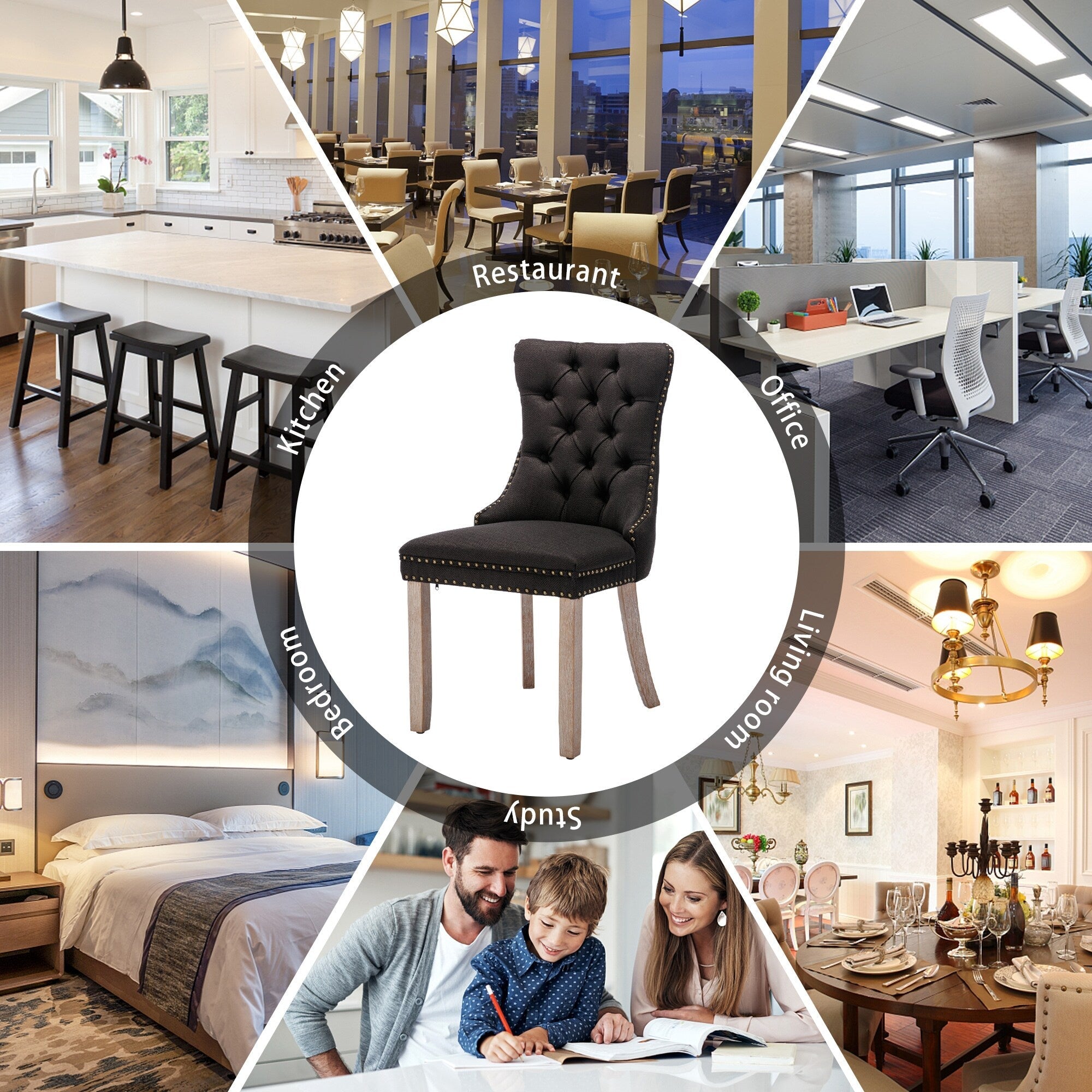 Lot de 6 chaises de salle à manger en velours capitonné avec pieds en bois massif.