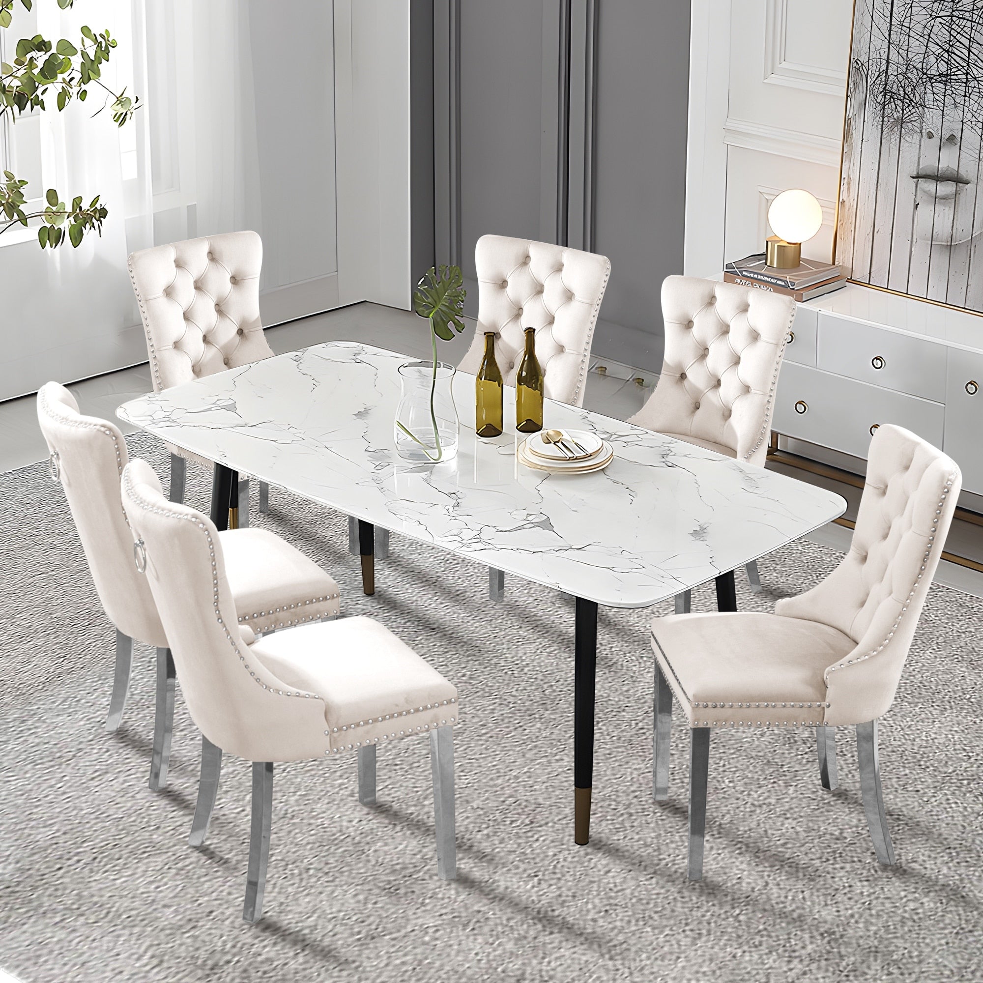 Lot de 6 chaises de salle à manger en velours capitonné avec pieds en bois massif.